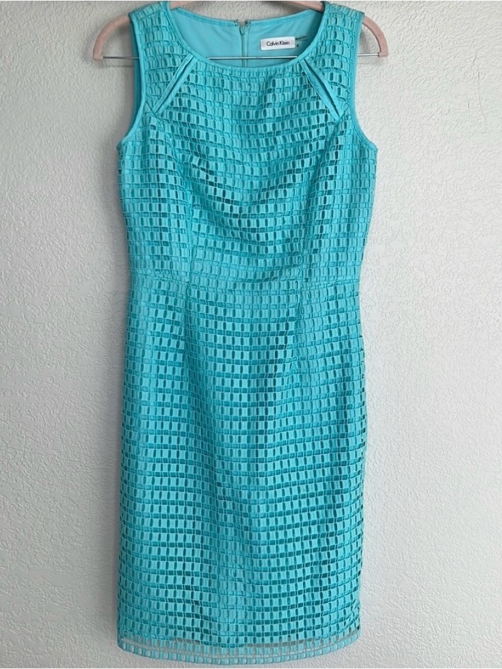 Calvin Klein Teal Blue Embroidered Overlay Midi Sheath Dress